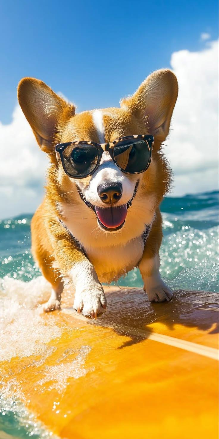 Surfing Corgi Wallpaper – Fun Beach Adventure Aesthetic