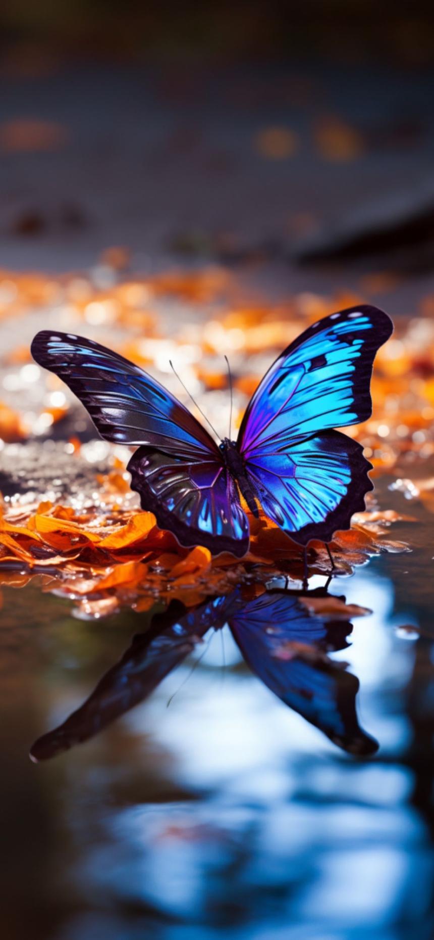 Blue Purple Butterfly Reflection Wallpaper HD 4K