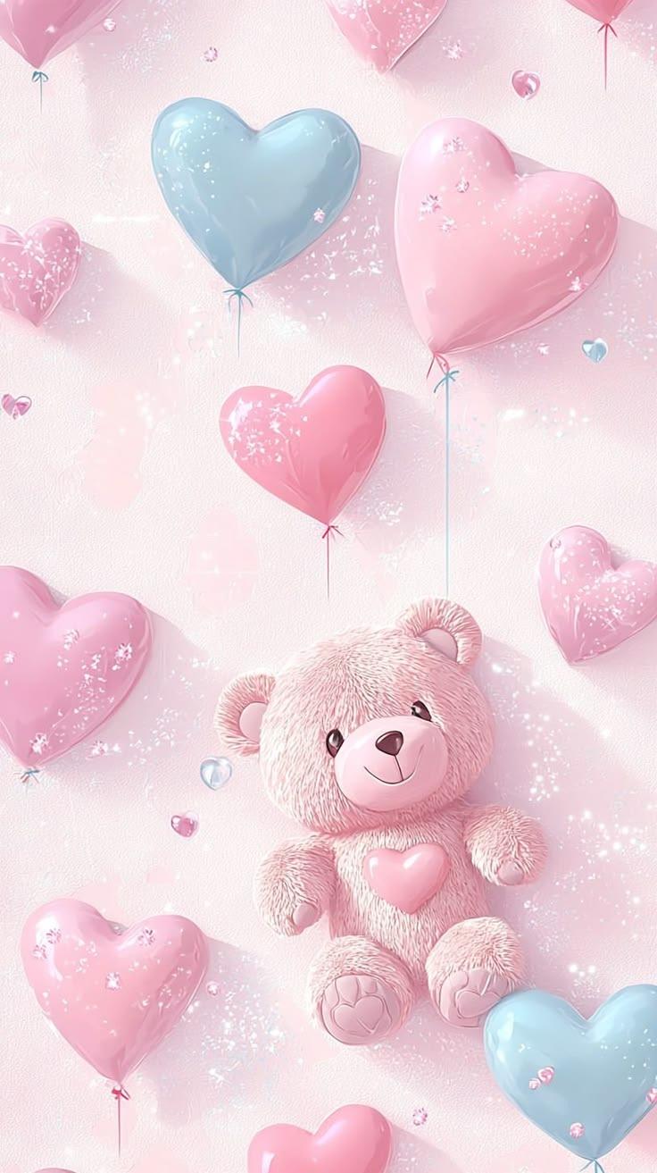 Cute Teddy Bear with Heart Balloons Wallpaper