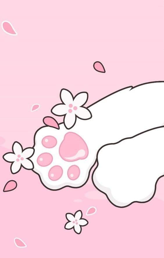 Cute White Cat Paw with Cherry Blossoms Wallpaper