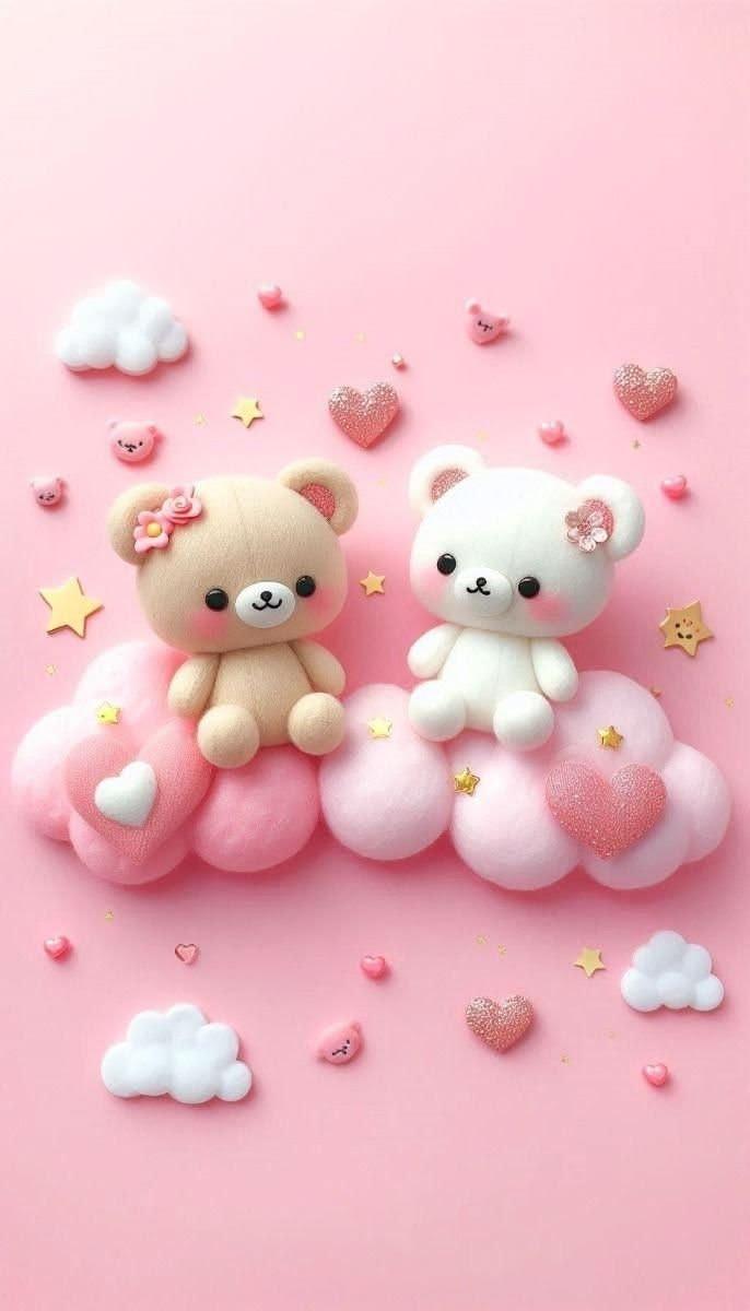 Two Cute Teddy Bears on Pink Clouds Wallpaper