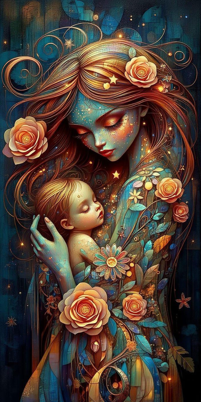 Ethereal Cosmic Mother and Child Wallpaper