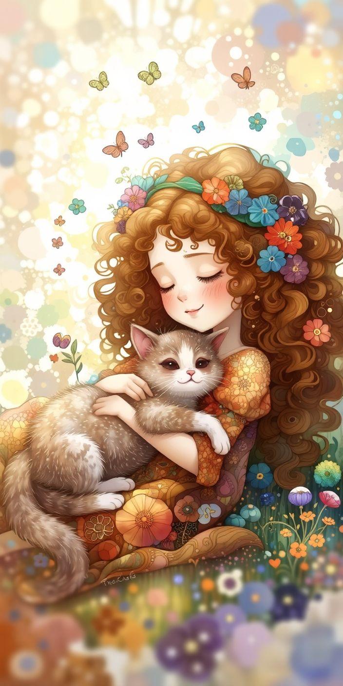 Fairy Tale Girl and Cat Wallpaper