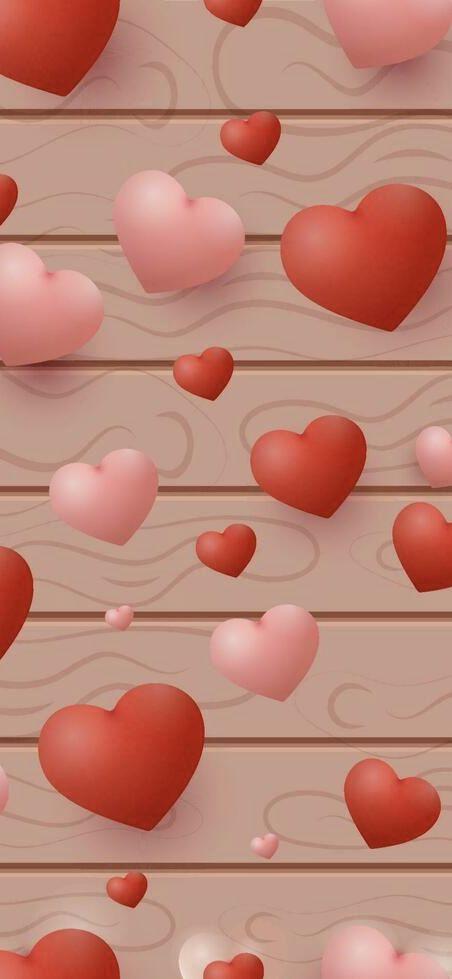 Colorful 3D Hearts on Wooden Background Wallpaper