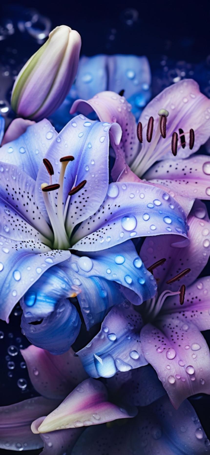 The image captures a cluster of lilies in shades of blue and lavender, glistening with water droplets that enhance their texture. The dark background contrasts with the flowers, creating a dramatic effect. The composition is tight, focusing on the petals and stamens, which are highlighted by soft lighting that adds depth and dimension.