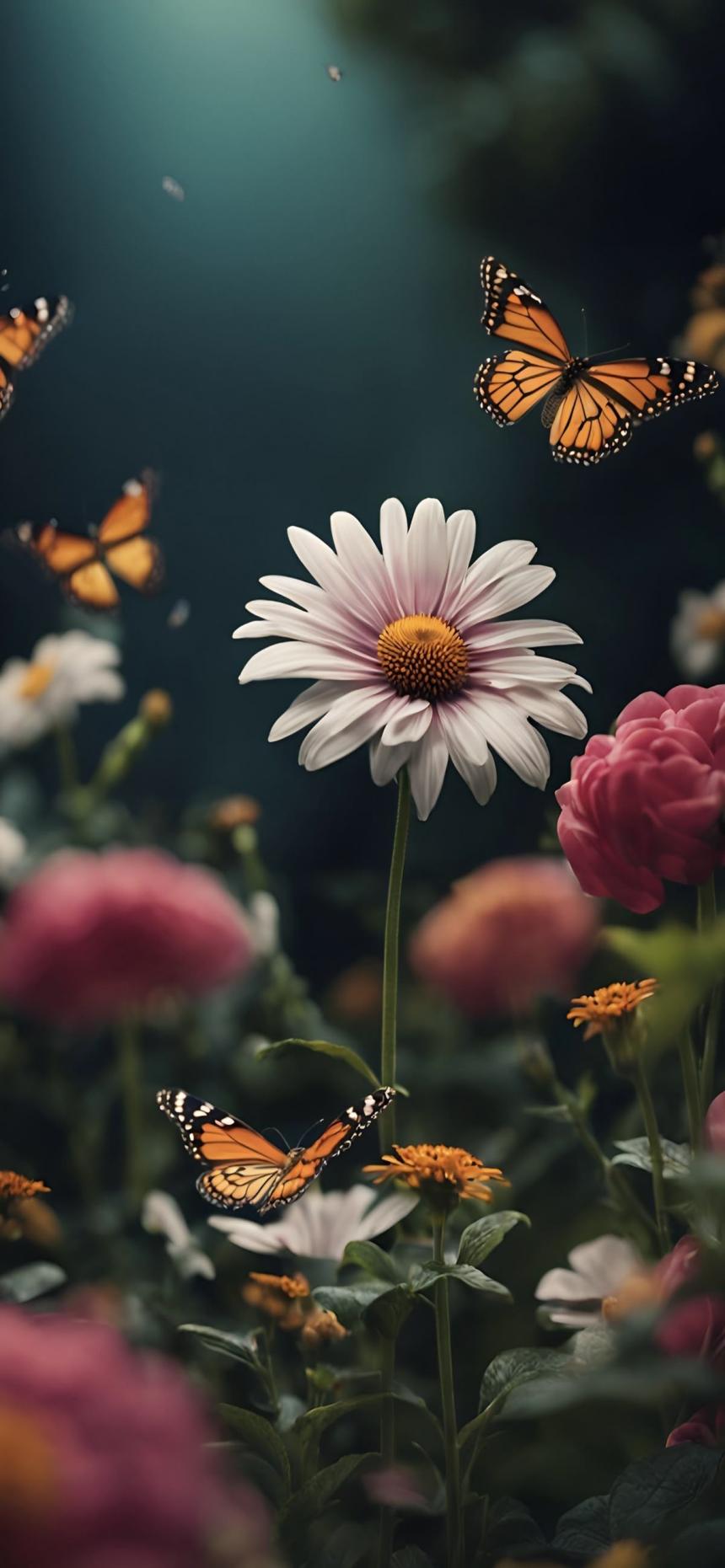 Butterflies and White Flowers Garden Wallpaper