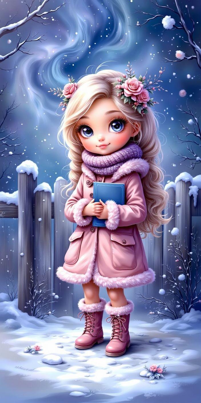 Whimsical Winter Girl Illustration Wallpaper