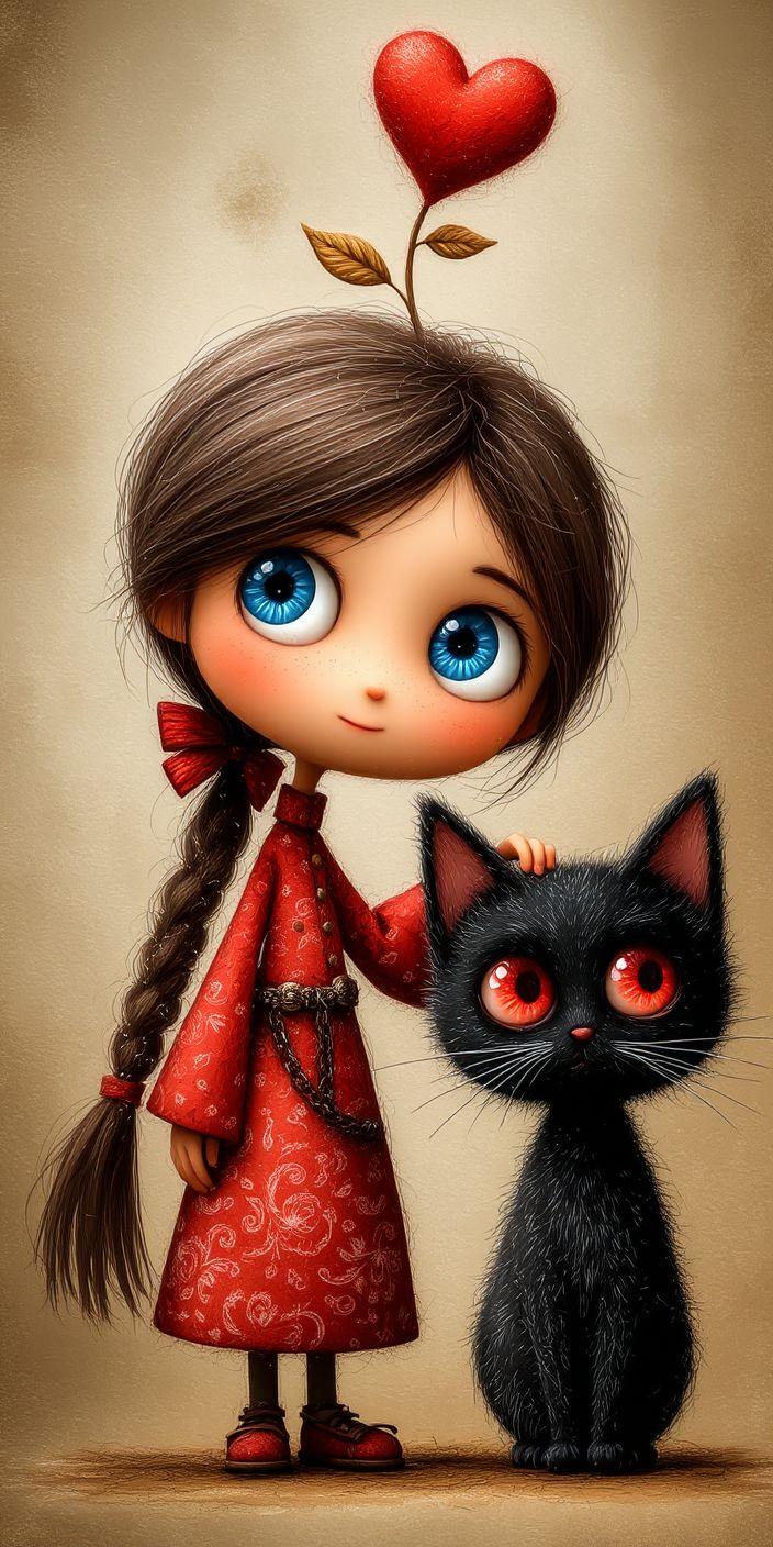 Dreamy Girl and Black Cat Illustration Wallpaper