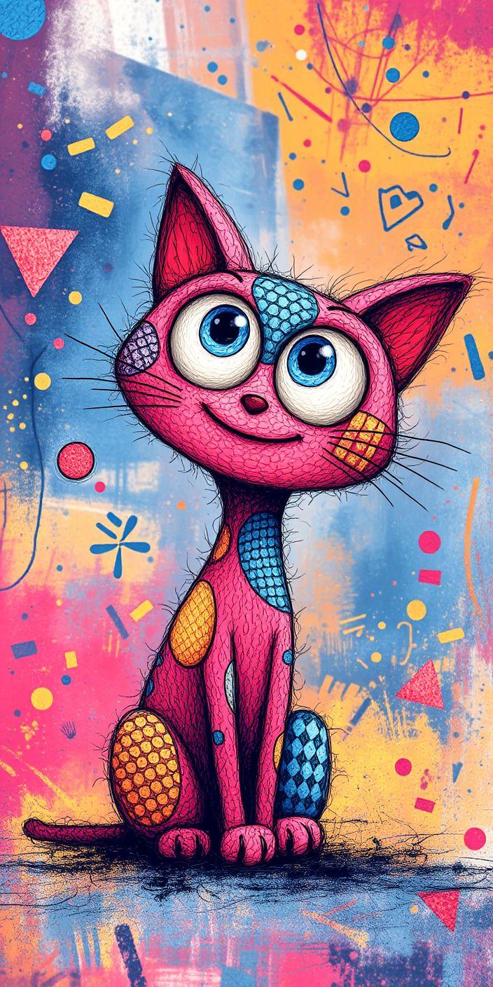 Whimsical Pop Art Cat Illustration Wallpaper