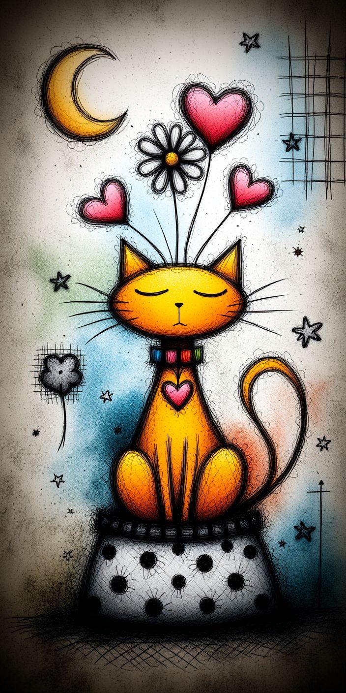 Whimsical Cat Heart Illustration Wallpaper