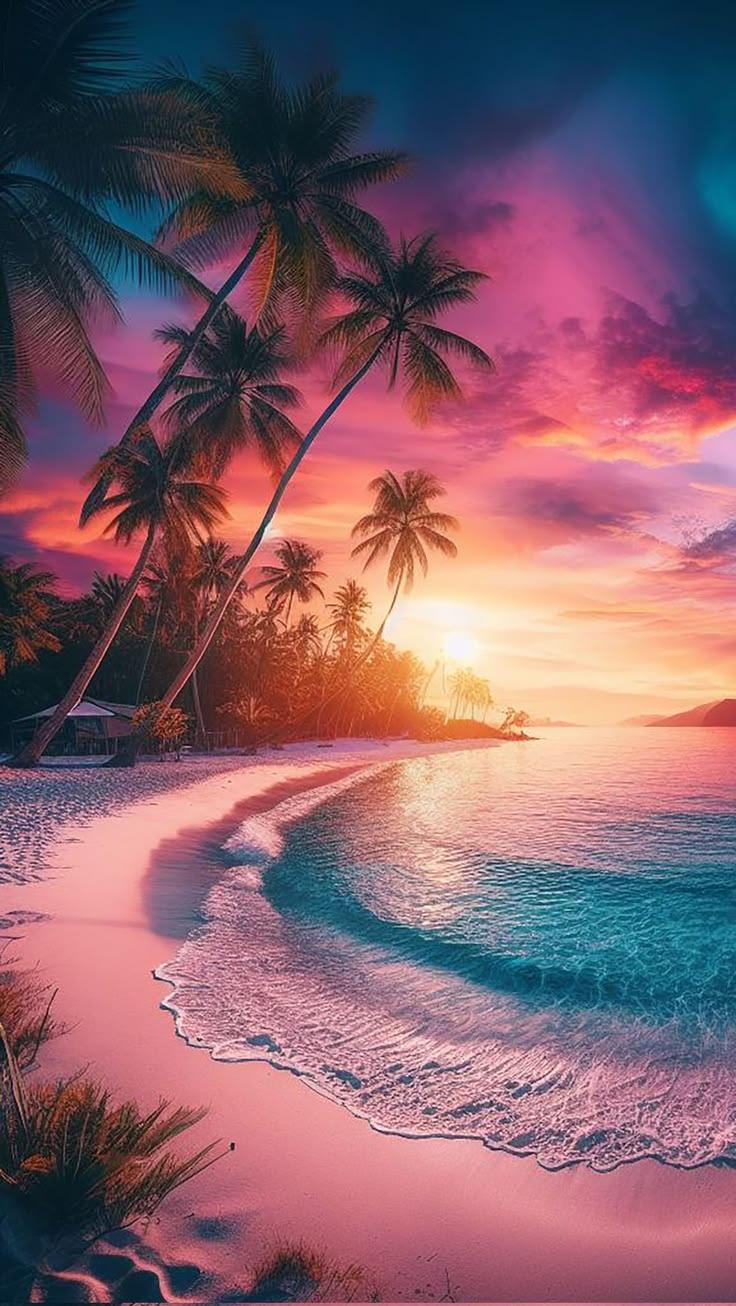 Tropical Beach Sunset with Palm Trees Wallpaper