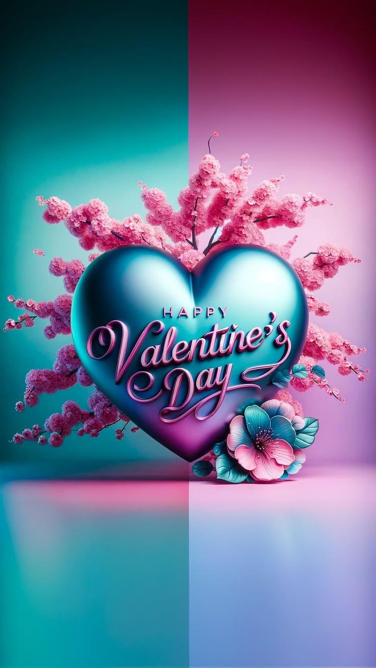 3D Heart Flowers Blue Wallpaper