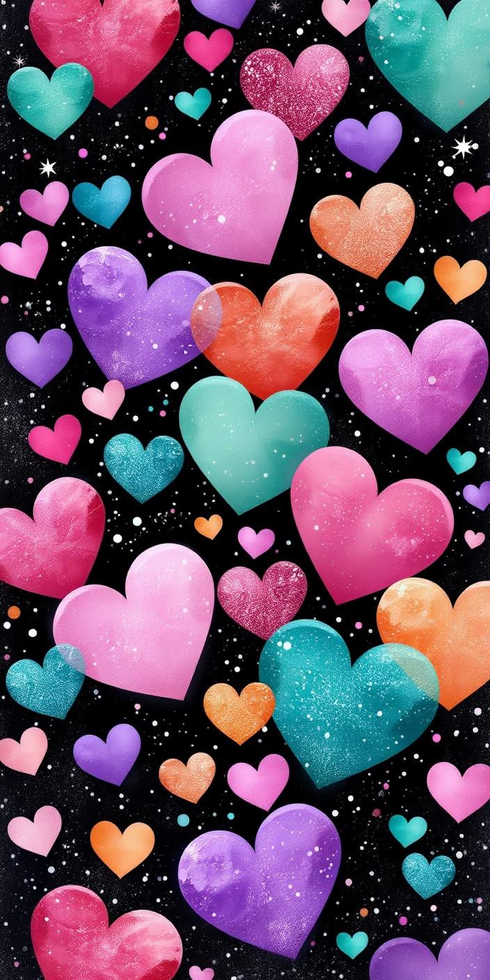 Colorful Neon Hearts on Black Wallpaper