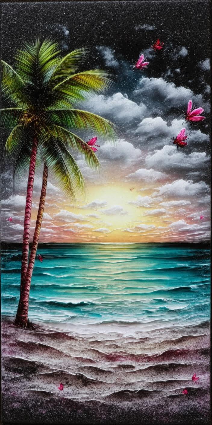 Tropical Sunset Beach with Butterflies Wallpaper