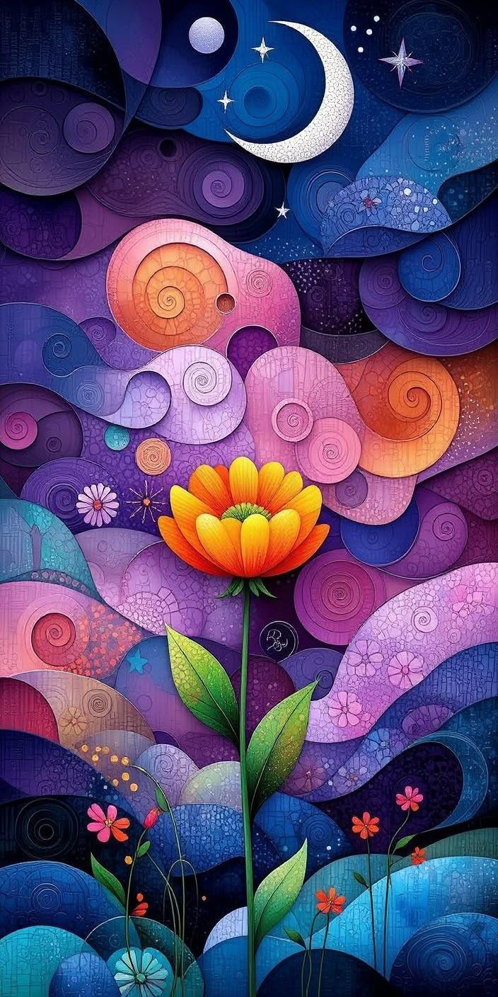 Fantasy Garden with Orange Flower Wallpaper