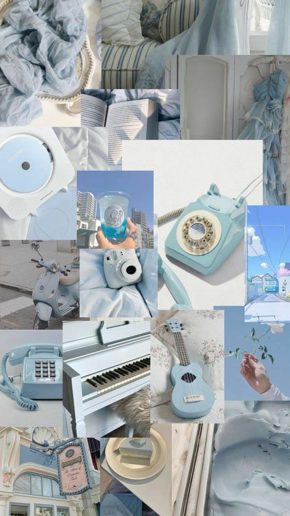 Blue Retro Camera and Phone Collage Wallpaper