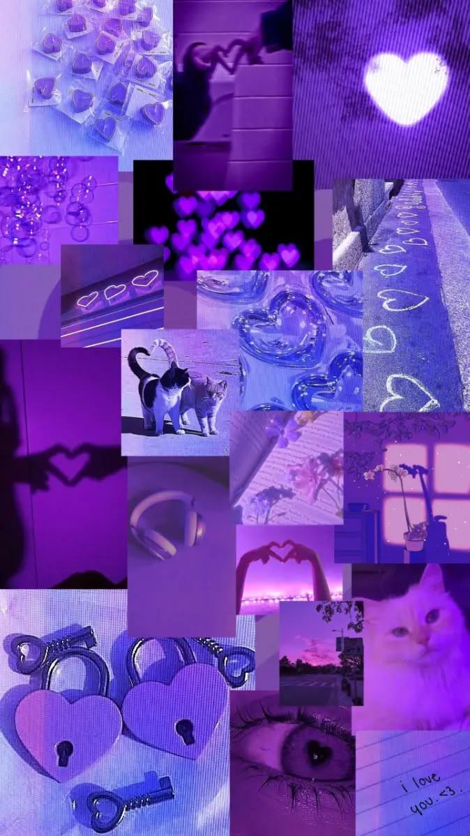 Purple Aesthetic Cat and Heart Collage Wallpaper