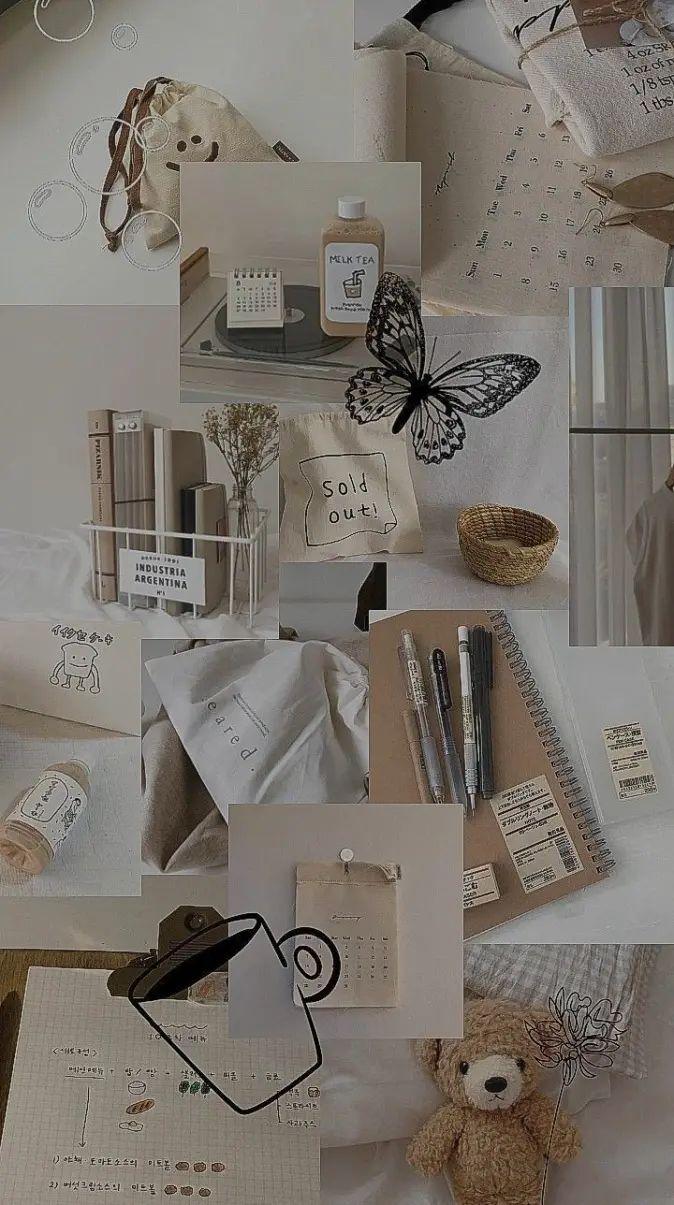 Beige Cozy Aesthetic Desk Collage Wallpaper