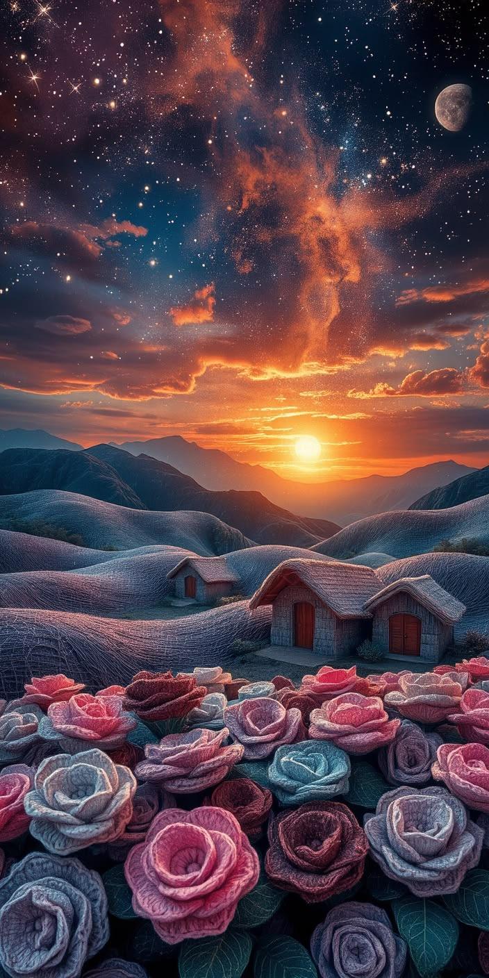 Magical Sunset Rose Field Digital Wallpaper