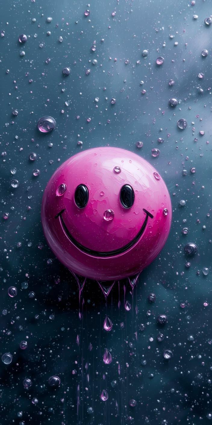 Playful Pink Smiley Wallpaper with Water Droplets
