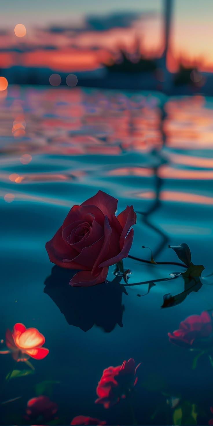 Red Rose on Water Sunset Wallpaper