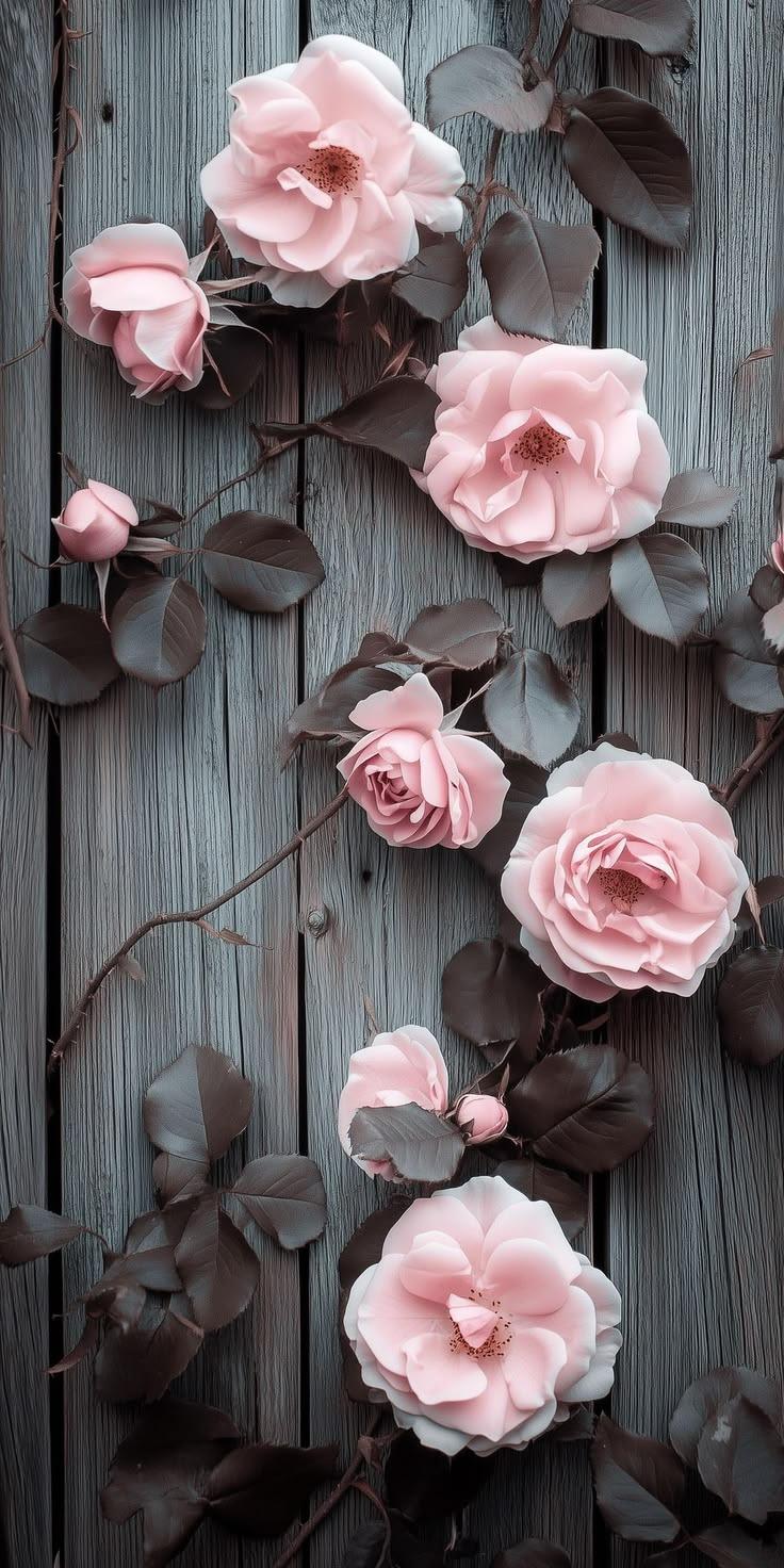 Soft Pink Roses Vintage Wood Wallpaper