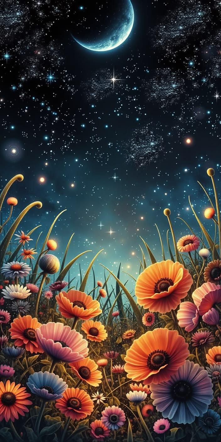 Colorful Flowers Under Starry Night Wallpaper