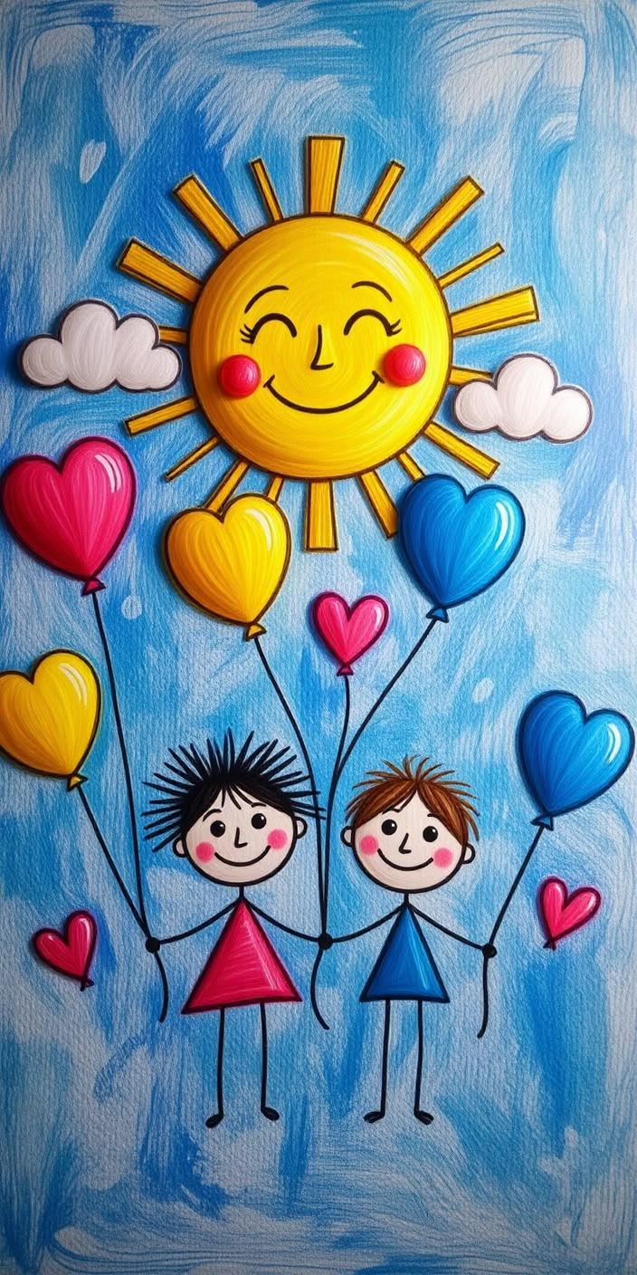 Cute Kids Drawing Sun and Heart Balloons