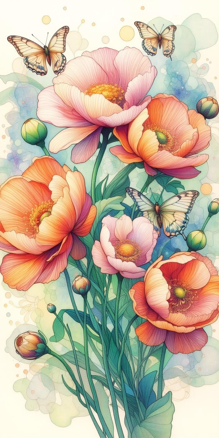 Watercolor Flower Bouquet with Butterflies Wallpaper