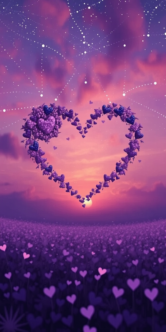 Purple Flower Fields Heart Sunset Wallpaper