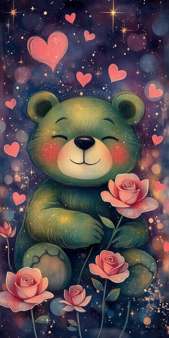 Cute Bear with Roses Wallpaper