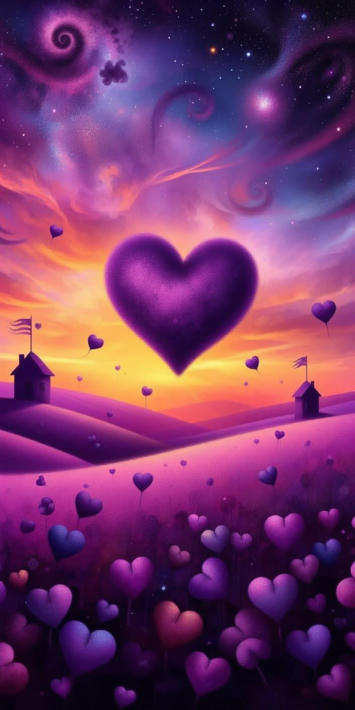 Purple Dream Landscape Hearts Wallpaper