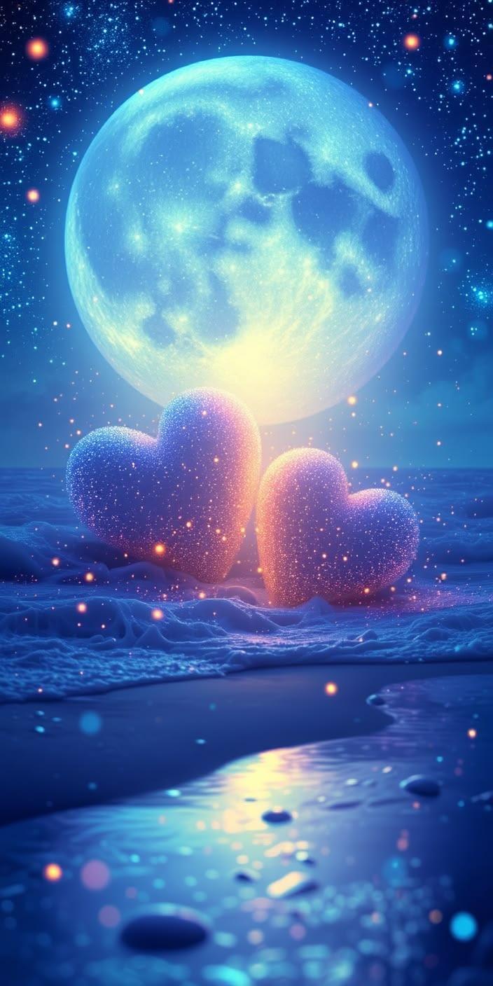 Moon and Floating Hearts Wallpaper