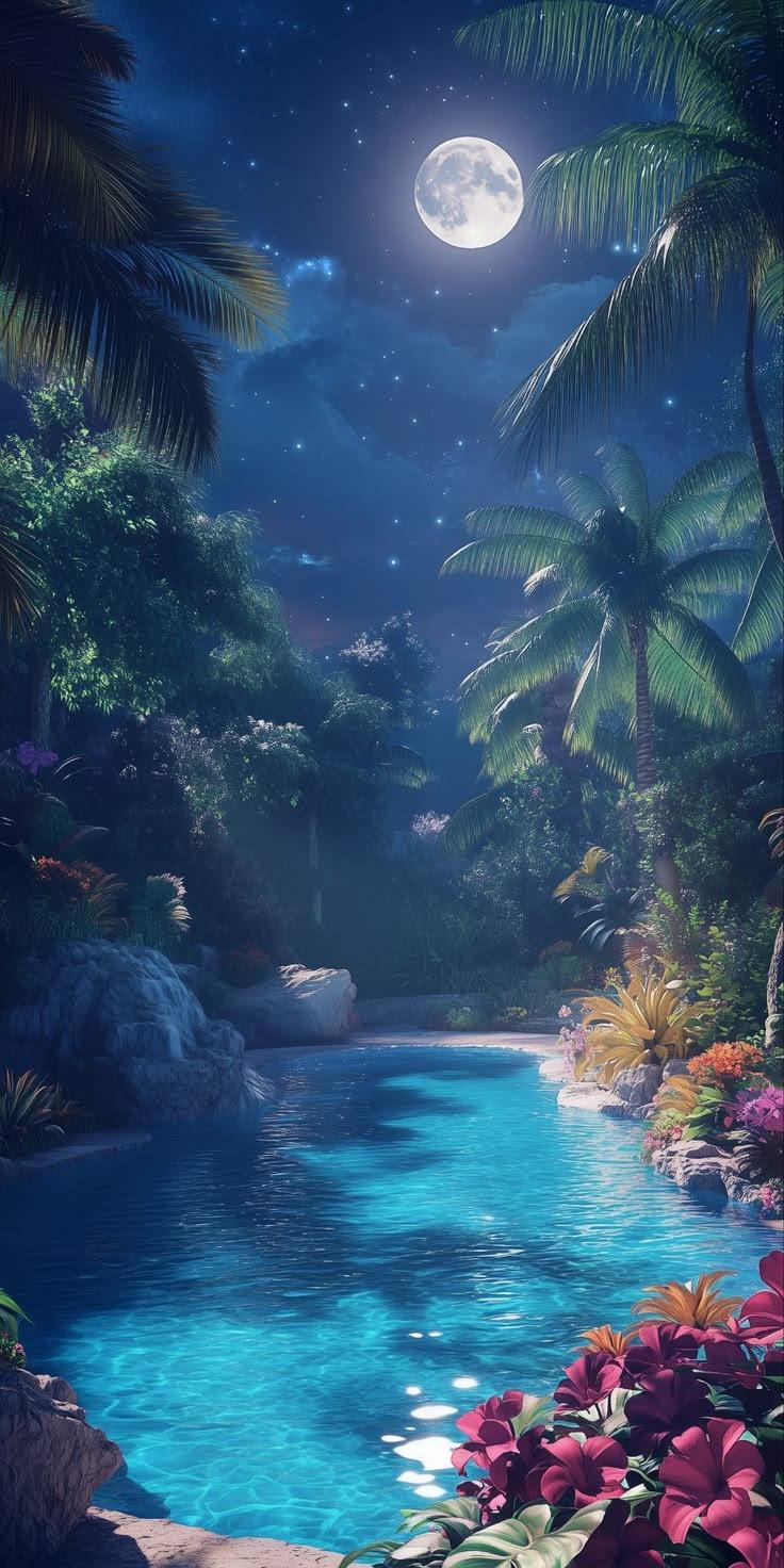 Moonlight Tropical Beach Wallpaper