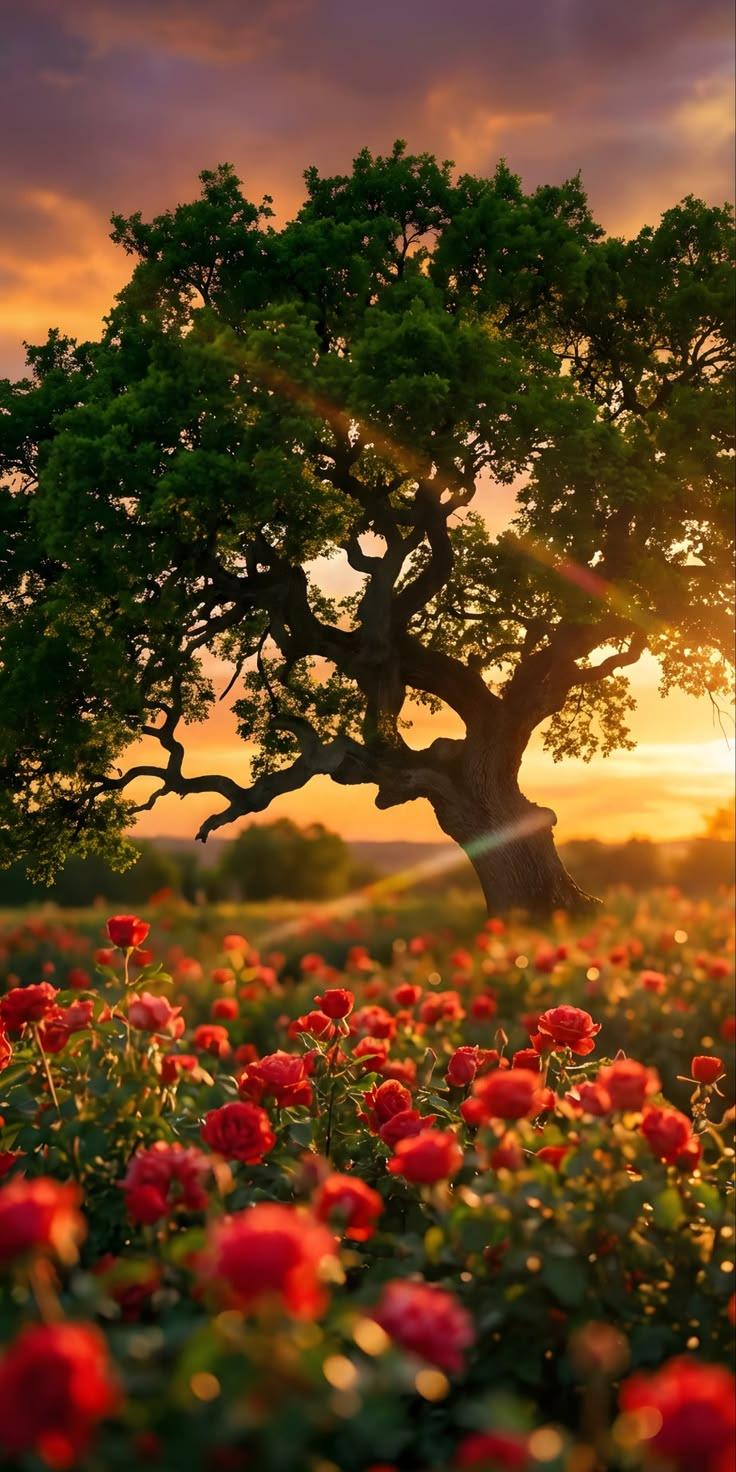 Ancient Tree Red Roses Sunset Wallpaper