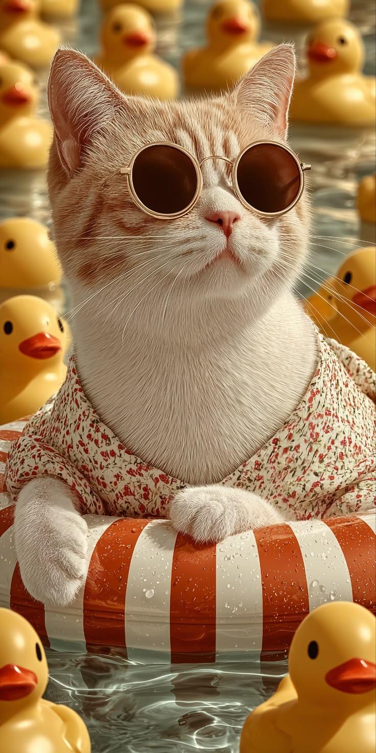Cool Cat with Ducks Wallpaper