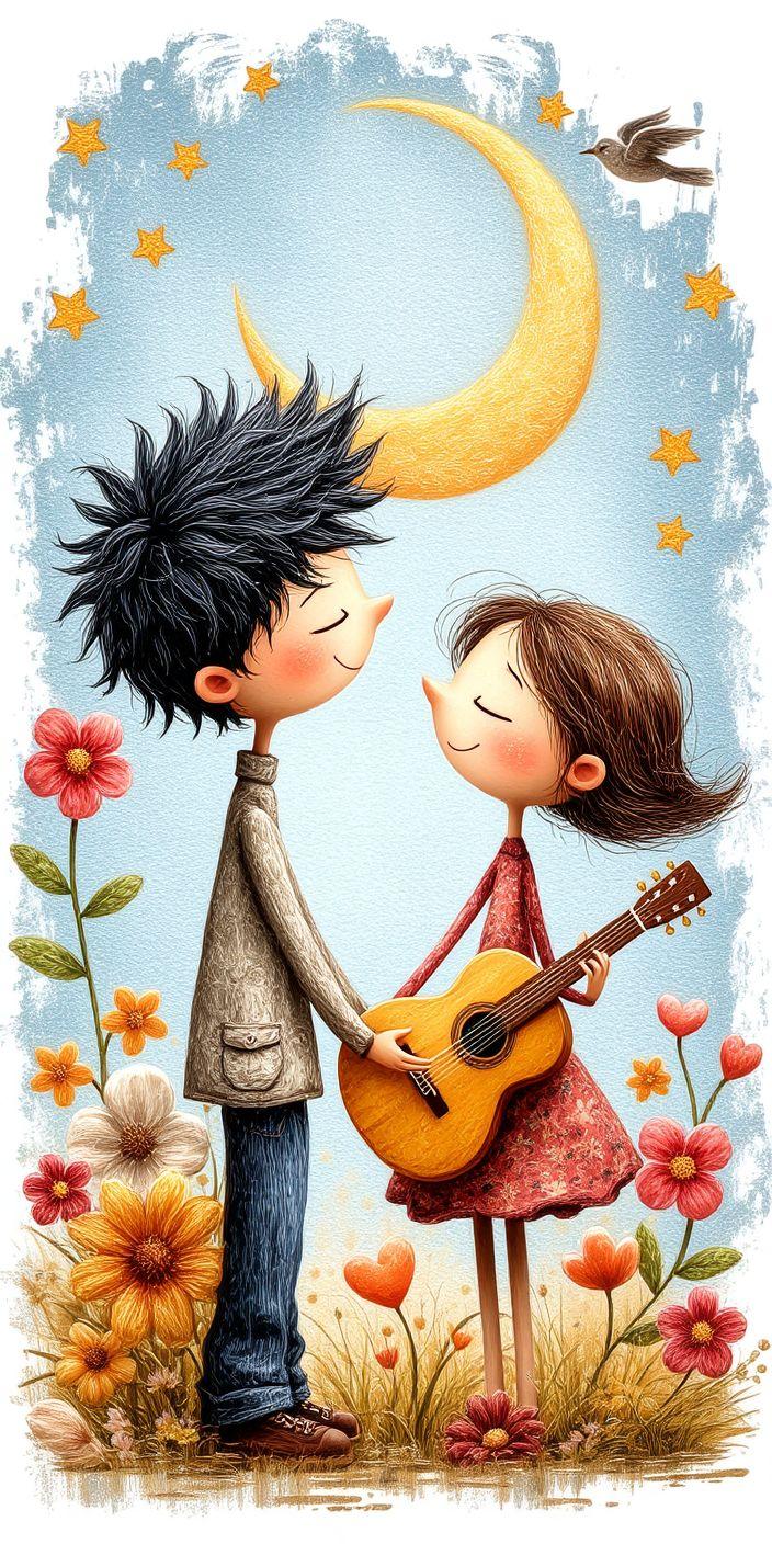 Whimsical Love Under the Moon Wallpaper