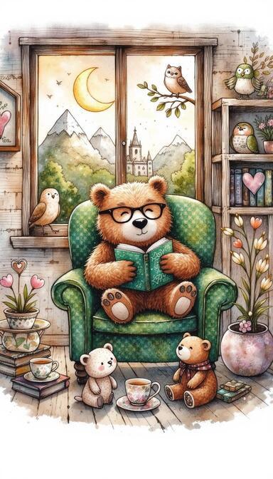 Charming Teddy Reading Nook Wallpaper