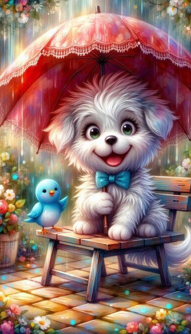 Puppy & Blue Bird Rainy Garden Wallpaper