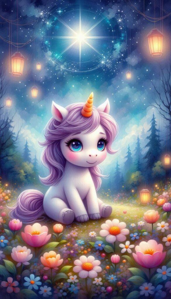 Baby Unicorn in Starry Flower Field Wallpaper