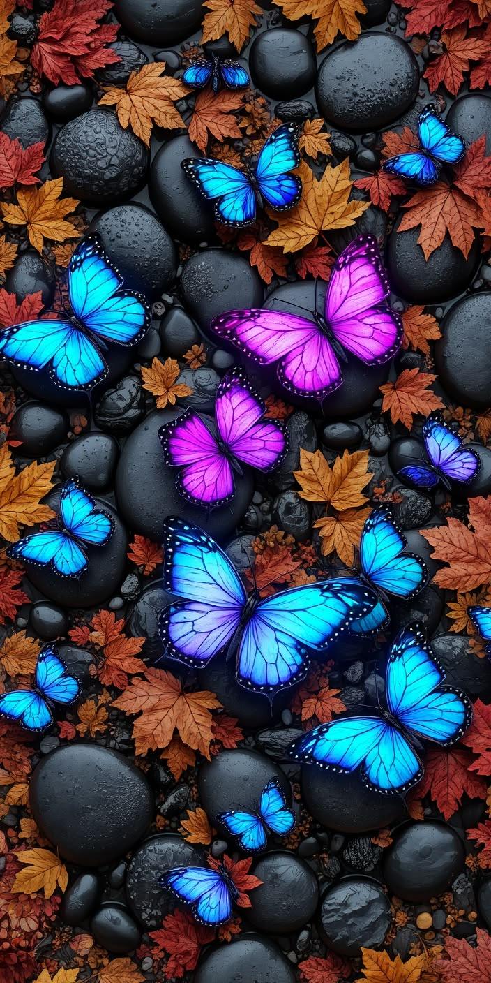 Neon Butterflies on Stone Garden Wallpaper