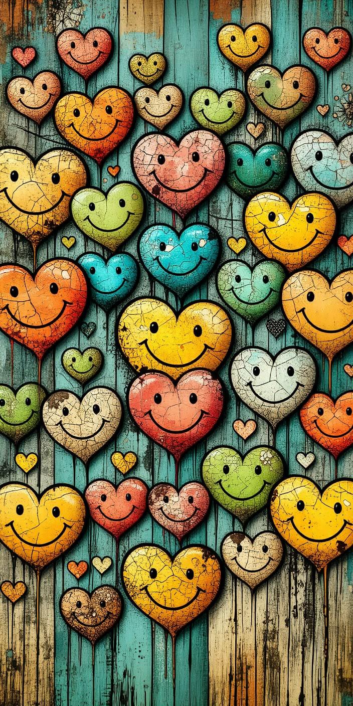 Grunge Smiley Hearts Color Splash Wallpaper