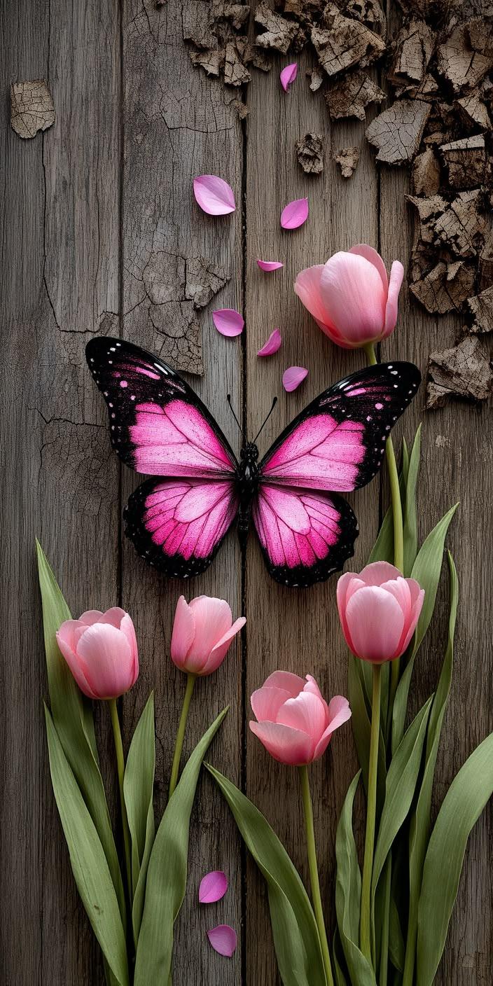 Elegant Pink Butterfly & Tulips Contrast Wallpaper