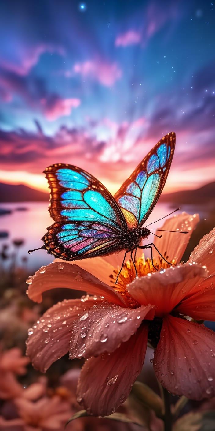 Neon Butterfly Sunset Dream Wallpaper