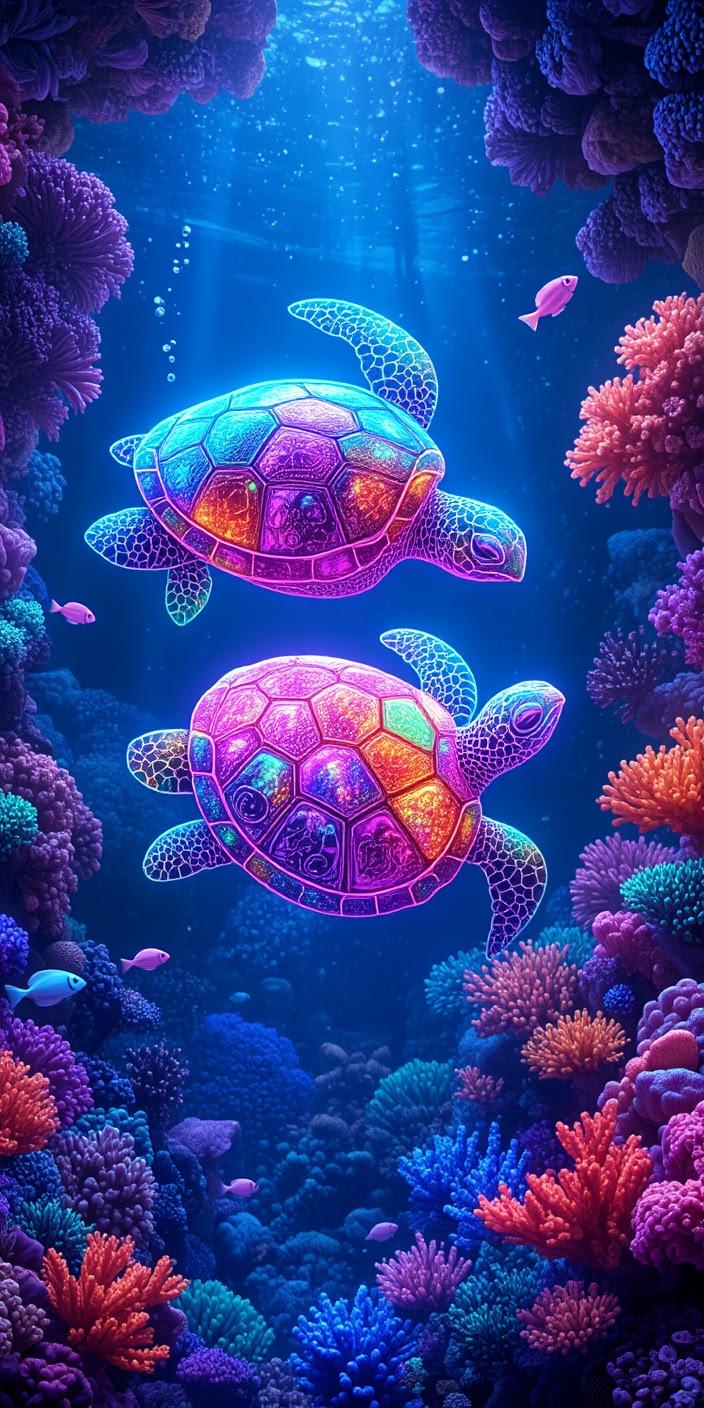 Neon Sea Turtles Reef Wallpaper