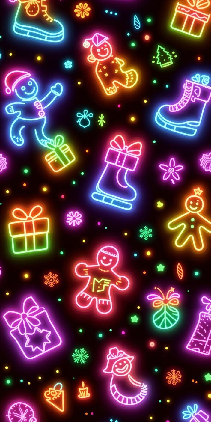 Neon Christmas Icons Pattern Wallpaper