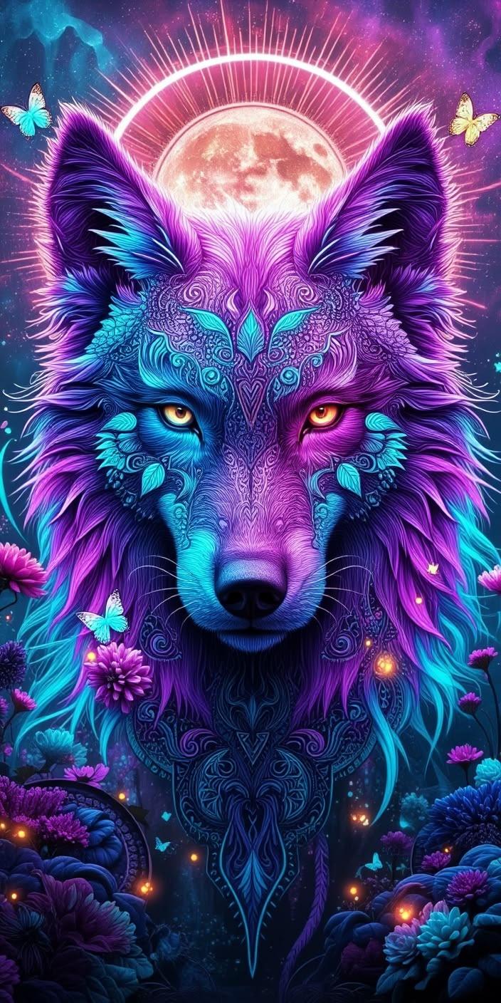 Neon Spirit Wolf Fantasy Wallpaper