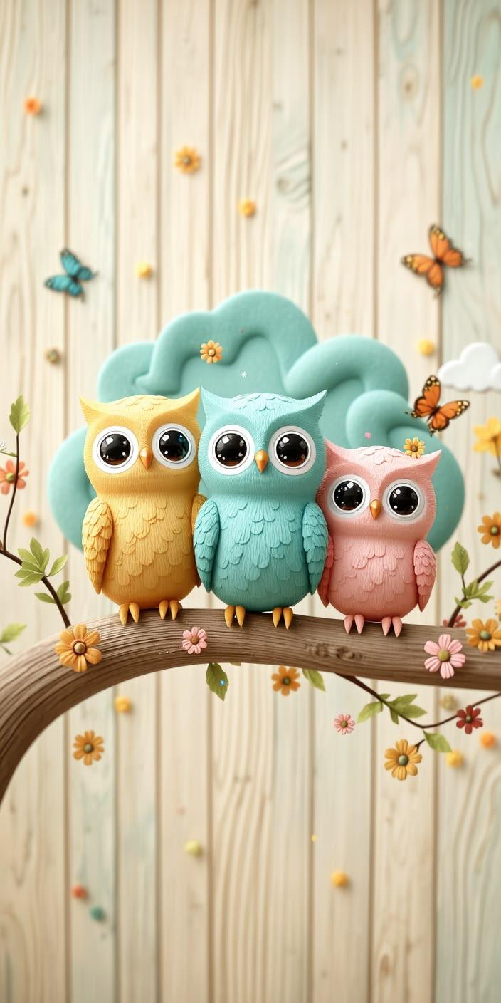 Cute Colorful Owls Cartoon Wallpaper