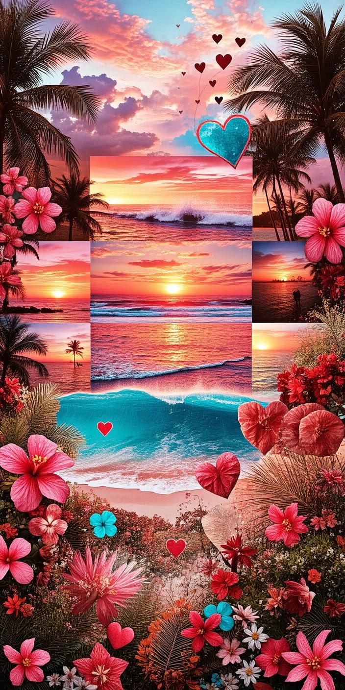 Tropical Sunset Collage Love Aesthetic Wallpaper