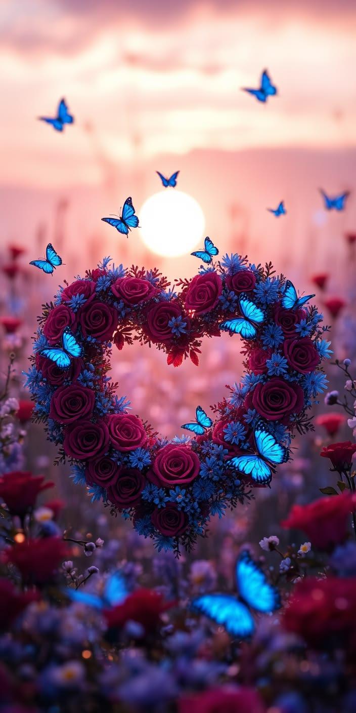 Butterfly Rose Heart Sunset Wallpaper